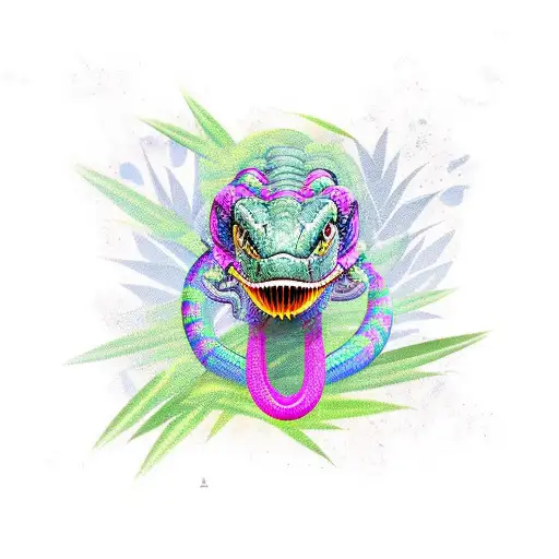 Angry Colorful King Cobra Snake With Some Bamboo Leaves Around Him