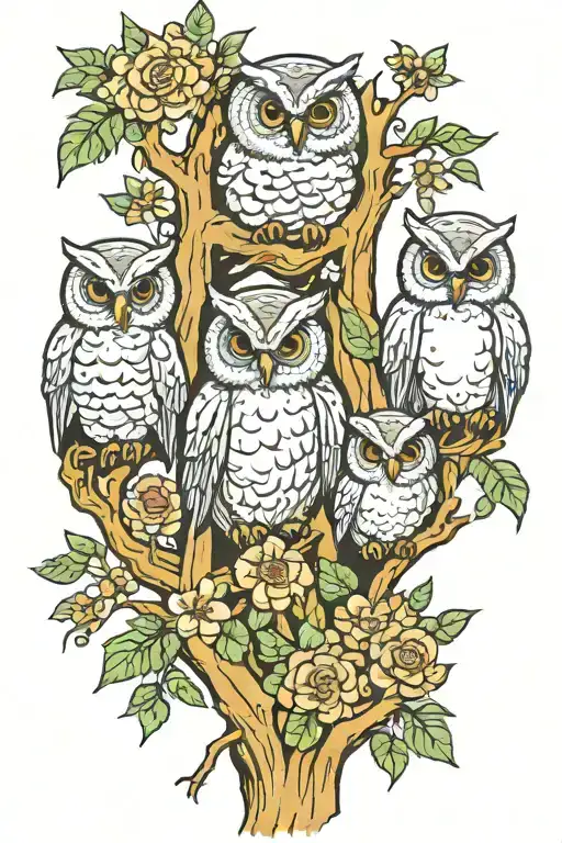 Mom Owl With 3 Baby Owls With Cypress Trees And Flowers Growing
