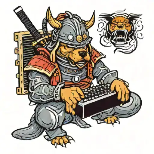 A Dog Wearing A Japanese Samurai Helmet And Riding A Computer Keyboard