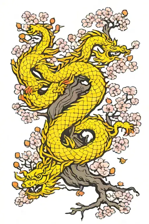 Cherry Blossom Tree With Japanese Dragon Wrapped