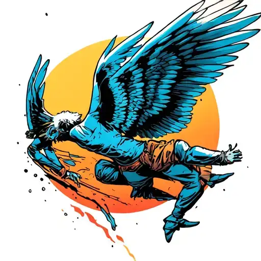 Icarus Falling With A Style Gradient Of Classical To Cyberpunk Style