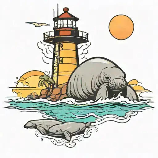 Manatee By Lighthouse At Sunset