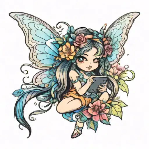 A New-school Design Of A Magical Fairy Playing Video Games Surrounded By A Garden Of Vibrant Flowers