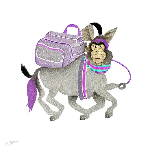 Monkey With Purple Backpack Riding A Donkey
