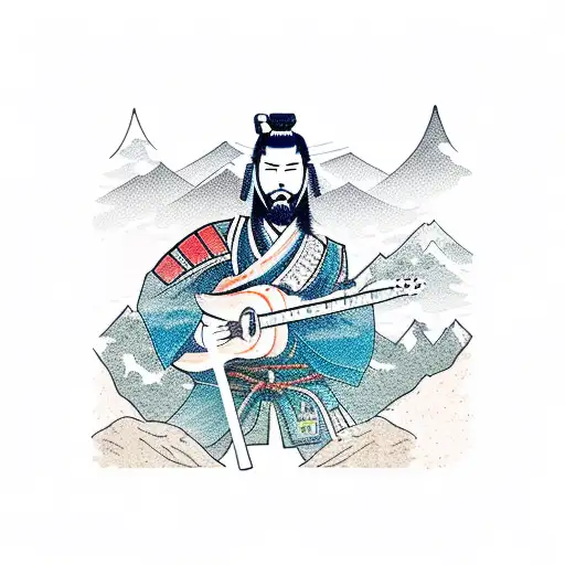 A Samurai Warrior Playing A Guitar On A Mountain Peak
