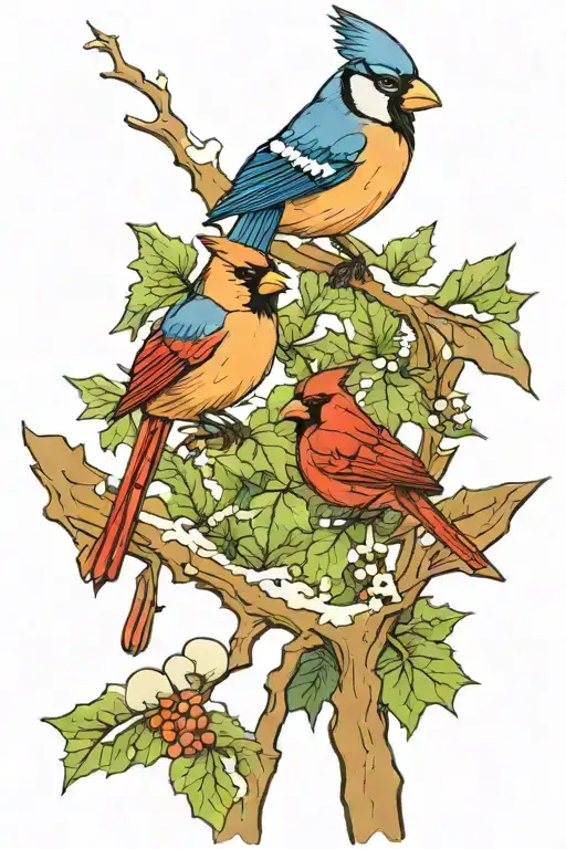 Cardinal Sitting Next A Blue Jay On A Snowy Branch