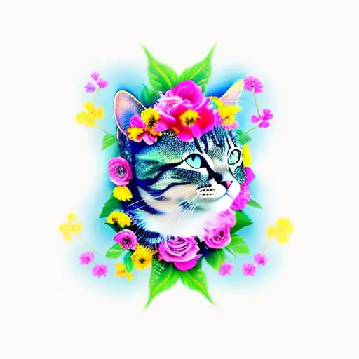 Cat With Flowers And Leafs