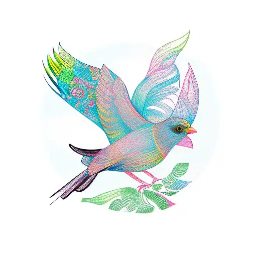 A New-school Design Featuring A Whimsical Bird With Intricate Botanical Patterns