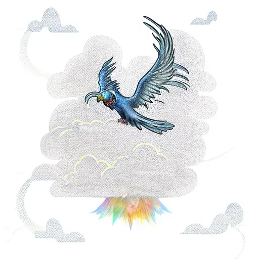 Phoenix Flying In The Clouds With Open Wings