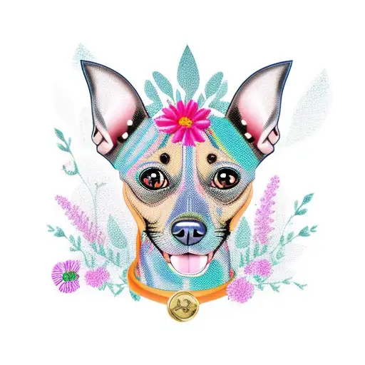 Pinscher Dog With A Happy Face And Flowers Around