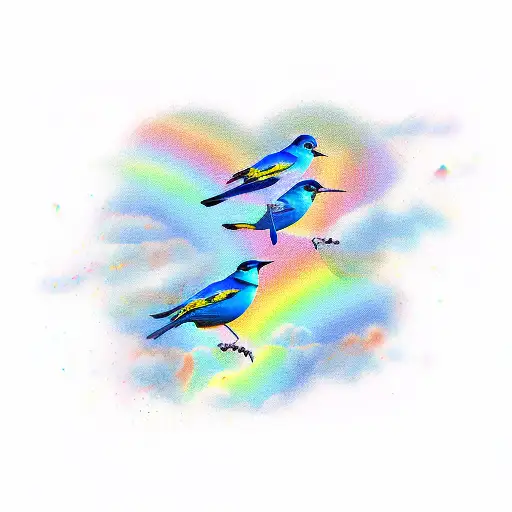 Blue Birds Flying Over A Rainbow