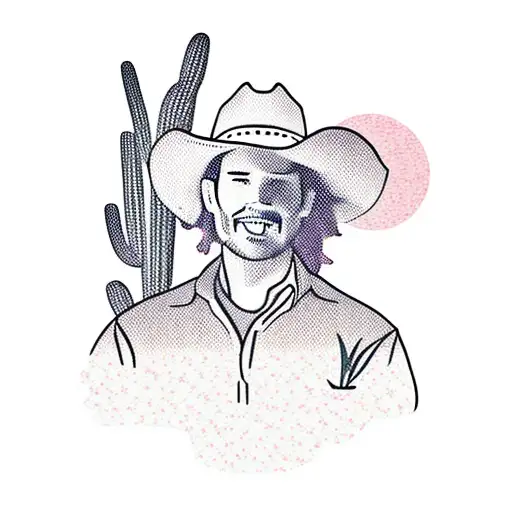 A Cowboy Silhouette With A Sunset And Cactus In The Background