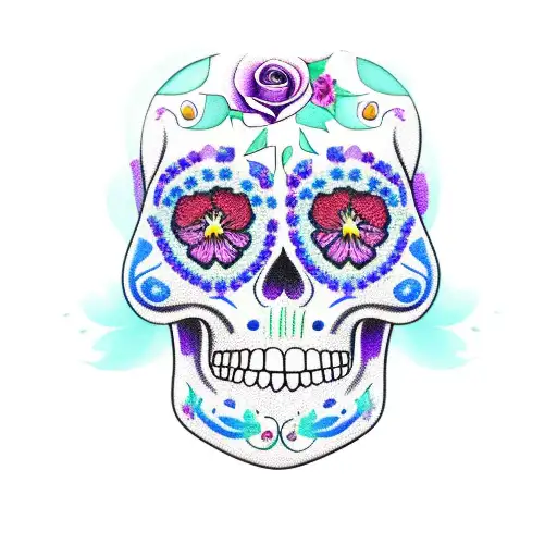 Sugar Skull Profile With Purple Roses And Blue Pansies
