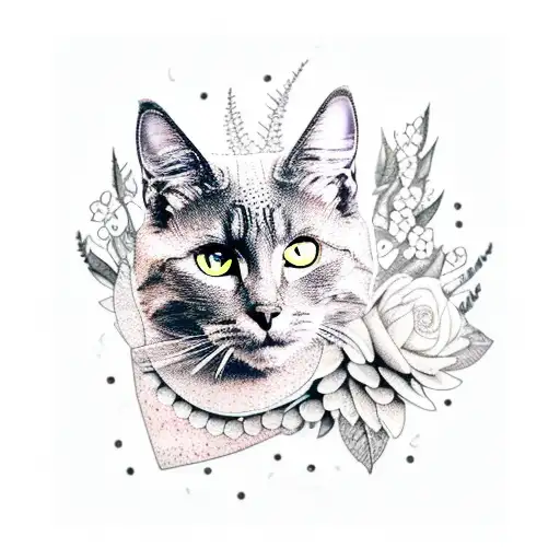 A Dotwork Tattoo Of A Gray Cat Surrounded By Various Types Of Flowers