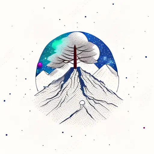 Trees With A Mountain With Space And Stars Above