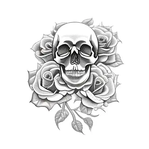A Realistic Depiction Of A Skull And Roses With Intricate Details And Shading