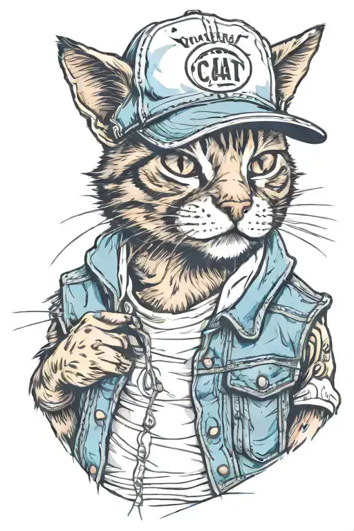 Cat Wearing A Baseball Cap And Denim Vest