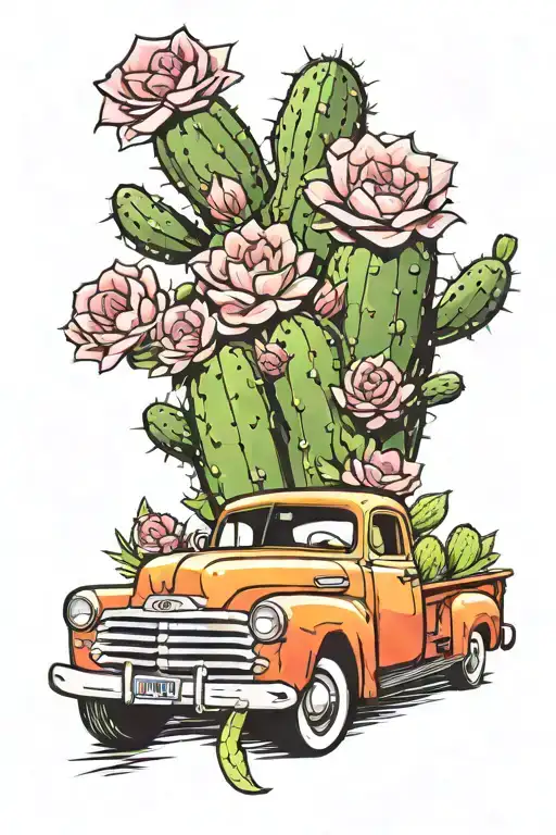 Old Red Pickup Truck With Cactus With Pink Flowers In The Bed