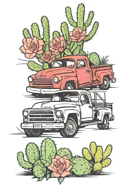 Old Red Pickup Truck Surrounded By Cactus With Pink Flowers