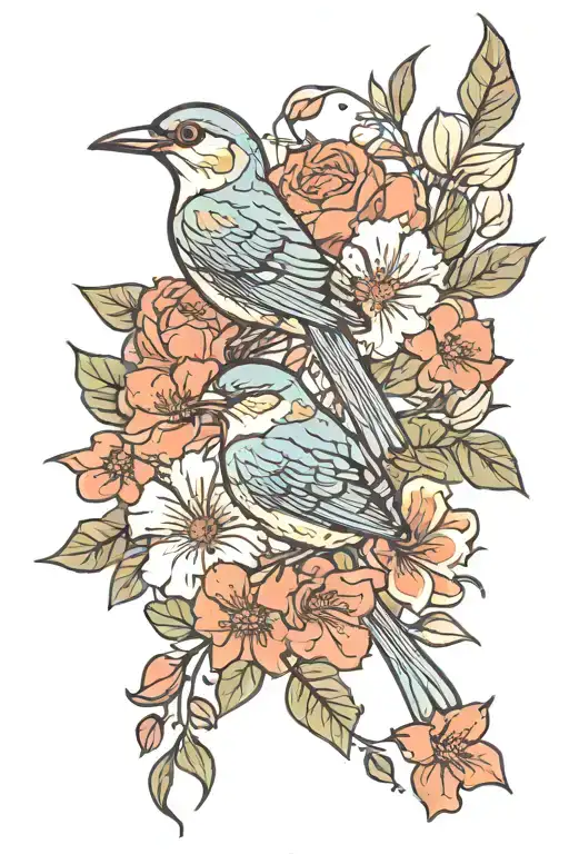 Flowers And Bird With Flowers