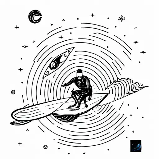 A Minimalist Tattoo Of A Surfer Riding A Cosmic Wave In Outer Space