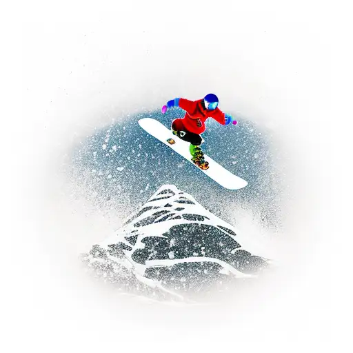 A Mesmerizing Fusion Of A Snowboarder Jumping Off A Mountain Peak Into A Serene Beach Sunset