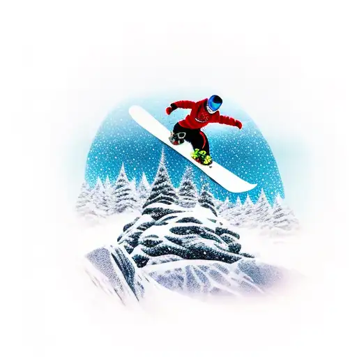 A Mesmerizing Fusion Of A Snowboarder Jumping Off A Mountain Peak Into A Serene Beach Sunset