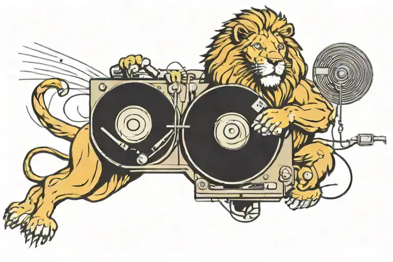 A Lion Dj Spinning Records In A Gym Filled With Musical Equipment