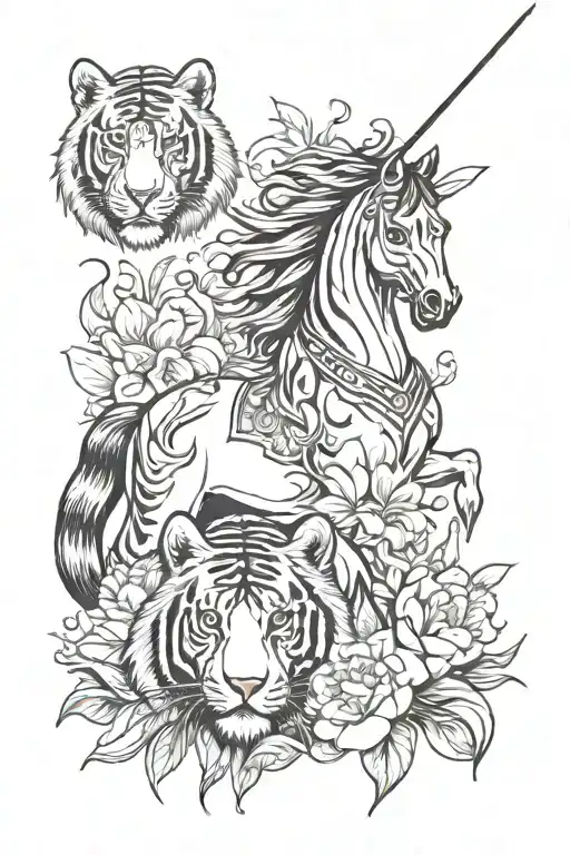 Lilly Flower With A Tiger And A Horse