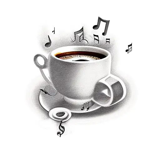A Realistic Tattoo Of A Coffee Cup With Musical Notes As Steam