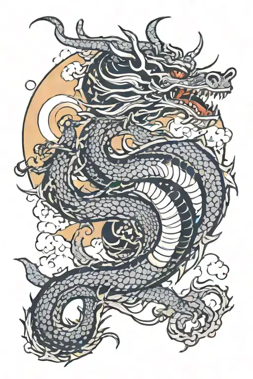 Korean Dragon And Moon Surrounded