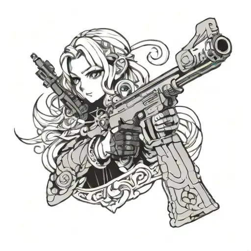 An Anime Girl Holding A Gun With Religious Symbols Integrated Into The Design