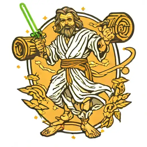 A Tattoo Design Of A Greek Mythological Scene With A Jedi Wielding A Lightsaber From Star Wars