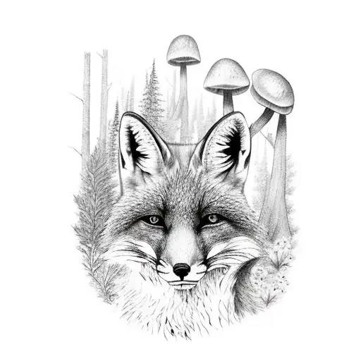 Fox In Forest With Mushroom