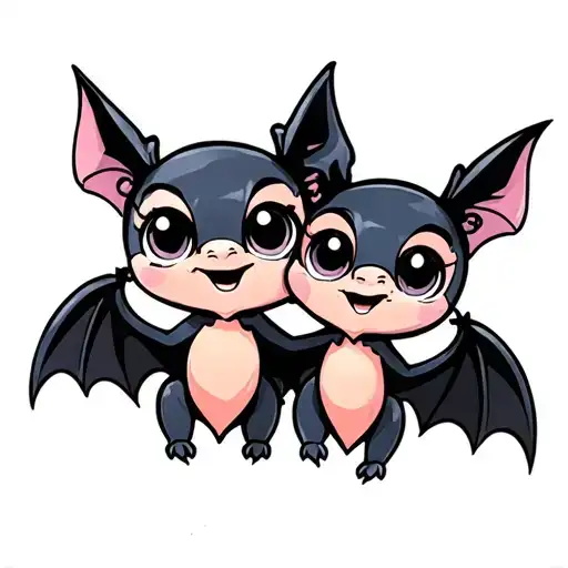 Two Cute Disney Looking Female Bats With Big Eyes That Are Hugging Whithout Their Ears Overlapping