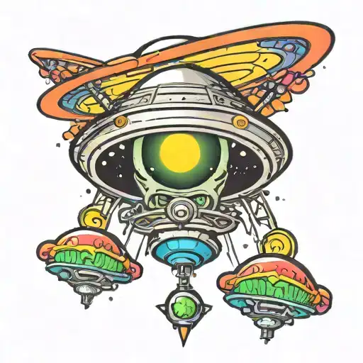 Ufo With Alien Inside Beaming Down Colorful Rays