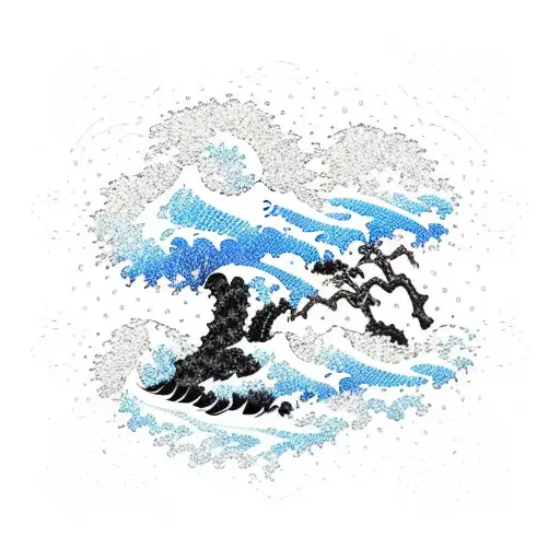 Traditional Japanese Waves Crashing Against A Tree With Comic Book Speech Bubbles Floating Around