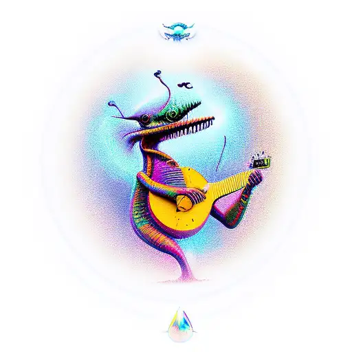 A Harp Guitar With A Vibrant Alien Creature Playing It