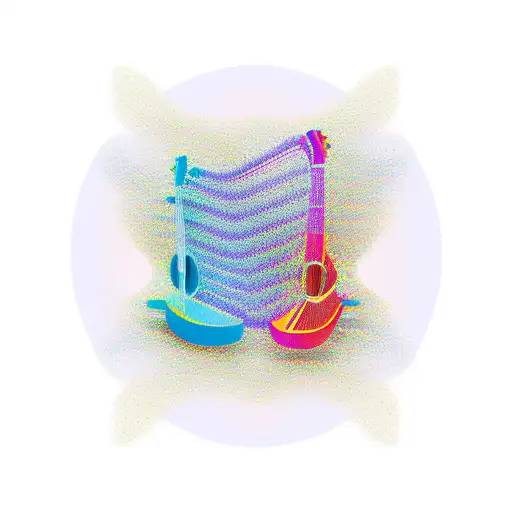 A Minimalist Design Of A Harp Guitar And Piano Keys Forming A Rainbow Shape