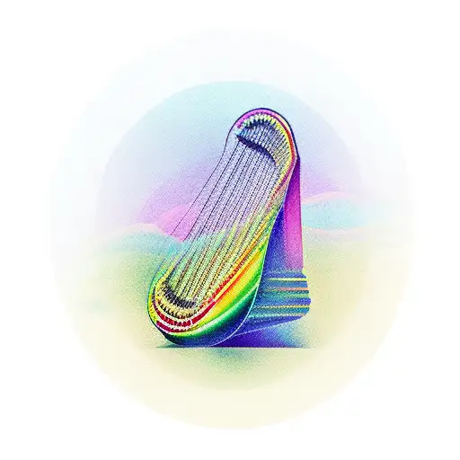 A Minimalist Design Of A Harp Guitar And Piano Keys Forming A Rainbow Shape