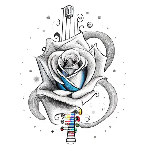 A Stylized Harp Guitar With A Vibrant Rainbow-colored Soundhole In The Shape Of A Rose