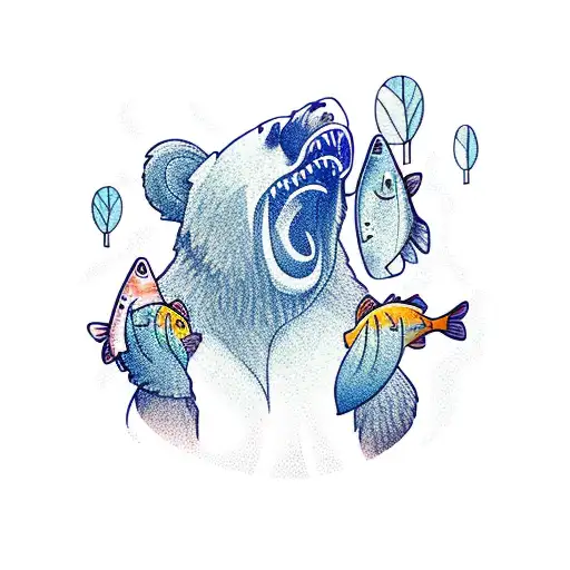 Mountain Landscape With Bear Holding Fish In Mouth