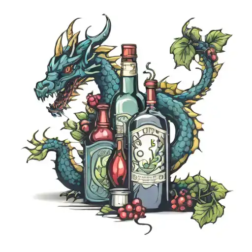 Berries And Liquor Bottles Forming A Dragon Shape