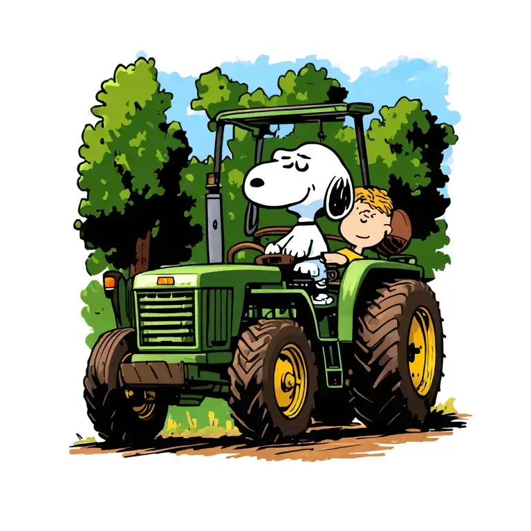Snoopy Driving A Tractor And Charlie Brown Running Back
