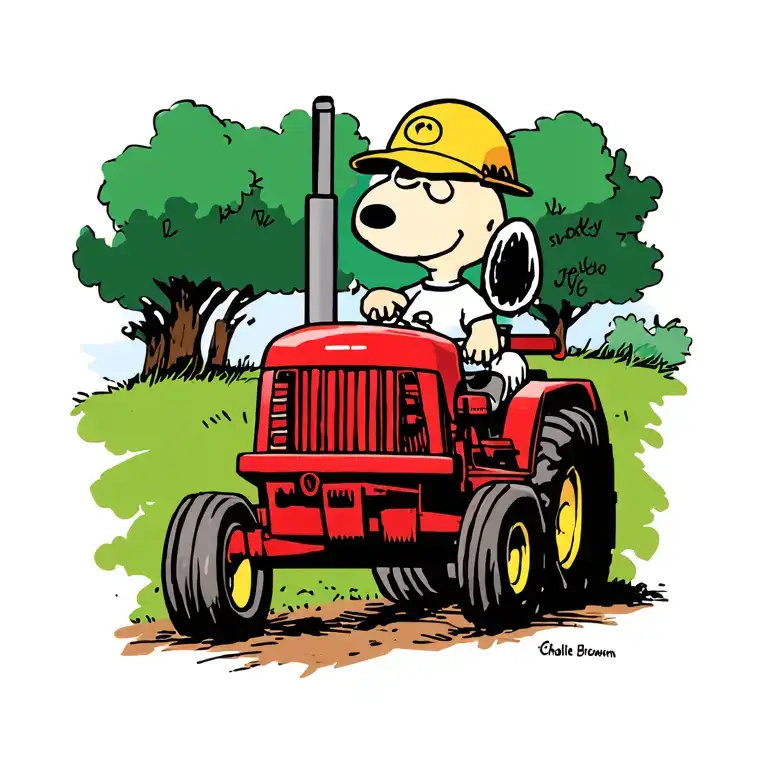 Snoopy Driving A Red Tractor And Charlie Brown Running Behind Him
