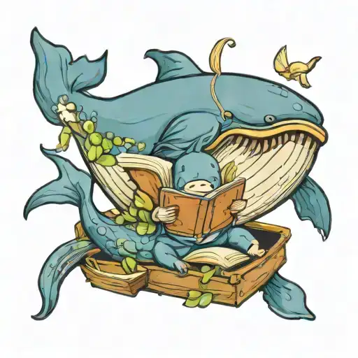 A Whimsical Scene Of A Mother Whale Reading A Book To Her Baby Whale Calf