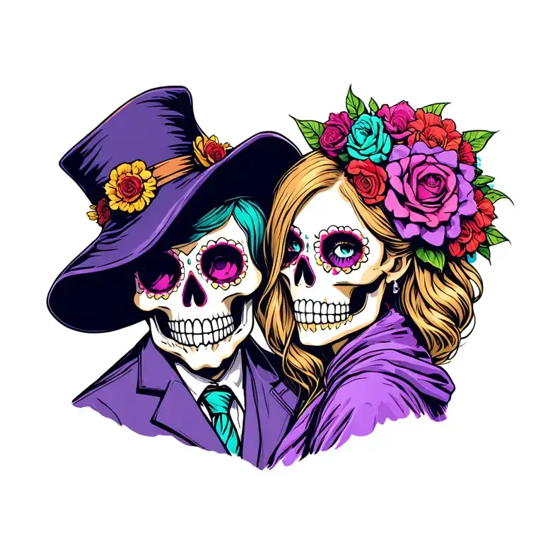 Sugar Skull Dad And Daughter With Plague Doctor Behind Them