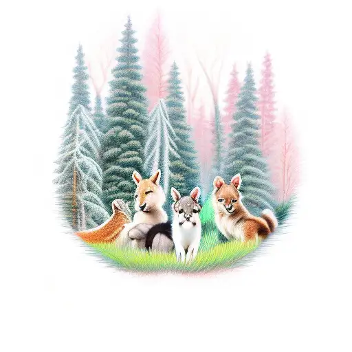 Enchanting Forest Scene With Adorable Animal Triplets Playing Amongst The Trees