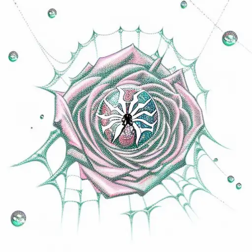 Rose With Spider Web With Droplets In The Web