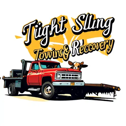 Tow Truck With The Writing 'Tight Sling Towing & Recovery' With A Cow Girl Tattoo